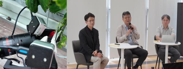 대동 서울사무소에서 열린 농업 3대 AI 미디어 간담회에서 관계자들이 참석해 질의응답을 진행 중 좌부터 최준기 대동에이아이랩 대표 나영중 대동 PBiz부문장 이광욱 대동 국내사업부문장이 질문에 답한다 원격 조종되는 로봇 팔이 스마트팜에서 딸기를 수확하고 자료를 수집하는 시연이 진행됐다 사진대동