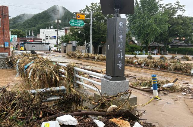 19일 경남 합천군 호산마을 주변이 폭우에 휩쓸려온 풀 나뭇가지 등 각종 부유물로 뒤덮여 있다 사진연합뉴스