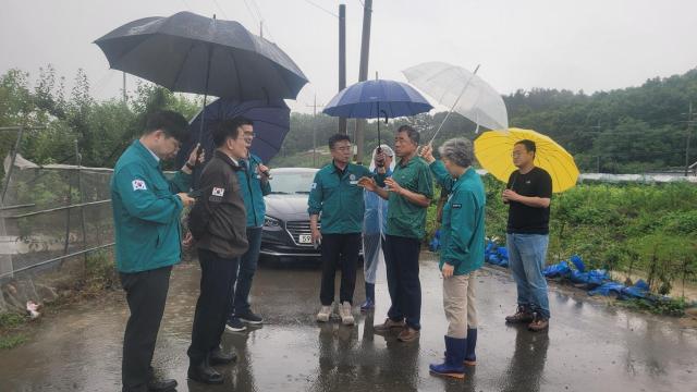 지난 19일 최기문 영천시장이 집중호우로 침수된 농경지를 둘러보며 긴급 복구 방안을 논의하고 있다 사진영천시