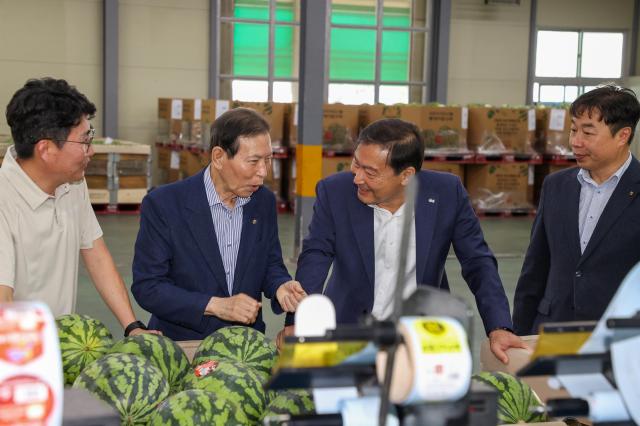 진안고원 명품 수박이 본격적인 출하를 시작한 가운데 전춘성 진안군수오른쪽 두 번째가 24일 농특산물 산지유통센터 수박선별장을 찾아 관계자들과 이야기를 나누고 있다사진진안군