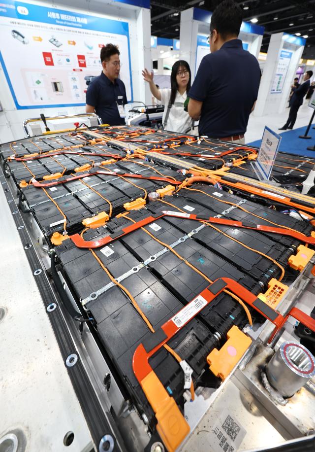 Remanufactured electric vehicle battery packs with restored original performance are displayed at the 2025 Korea Circular Economy Festival held at KINTEX Magok Convention Center in Gangseo-gu Seoul on July 2 Yonhap