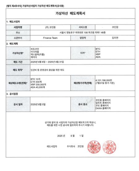 코인원에서 발표한 가상자산사업자 가상자산 매도 계획서