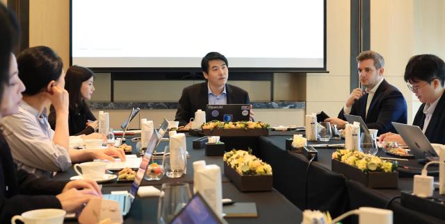 Jason Kwon Chief Strategy Officer of OpenAI speaks during a media roundtable held in Seoul on May 26 2025 Yonhap