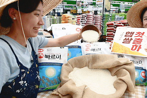 7일 서울 서초구 농협유통 하나로마트 양재점에서 모델들이 올해 처음 수확한 빠르미2 햅쌀을 소개하고 있다 사진농협유통