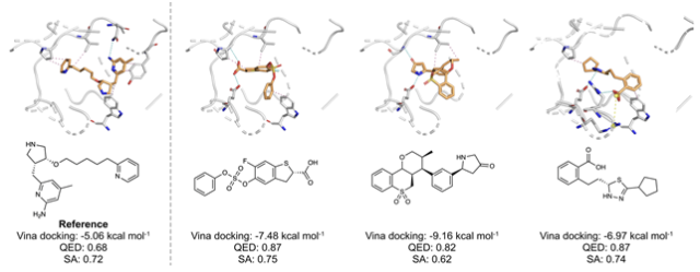 This image shows left the target protein with its original binding molecule and right examples of molecules designed using the model developed by KAISTs research team Courtesy of KAIST