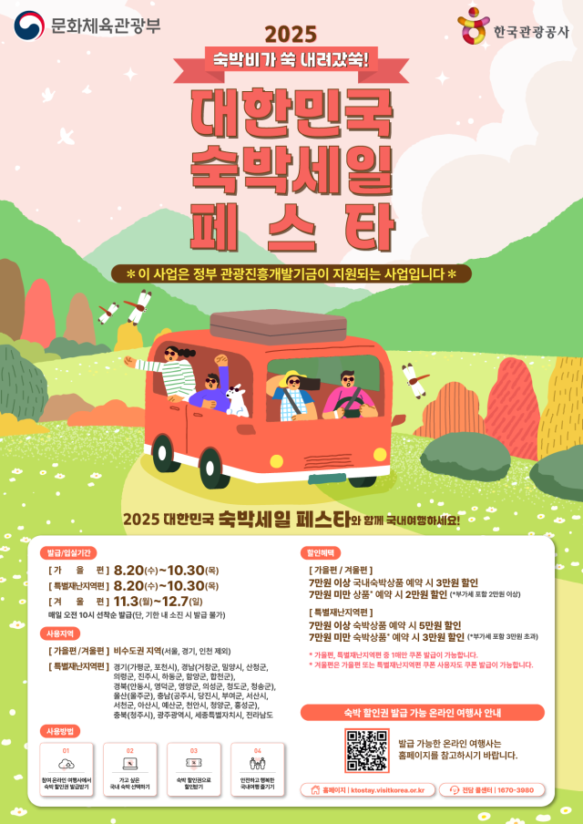 11일 문화체육관광부는 한국관광공사와 함께 가을 겨울 국내 여행 수요를 높이고 지역 경제에 활력을 불어넣기 위한 2025년 하반기 숙박세일페스타를 20일부터 시작한다고 밝혔다 사진문화체육관광부