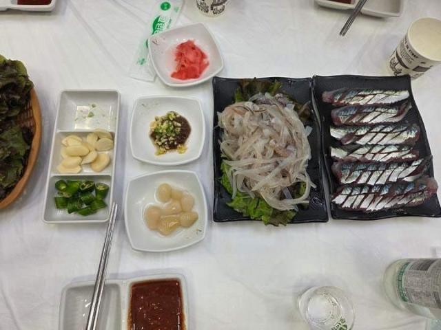 속초 오징어 난전 인근 횟집에서 구매한 2만원짜리 오징어 두 마리에 서비스 회 사진속초시청 자유게시판