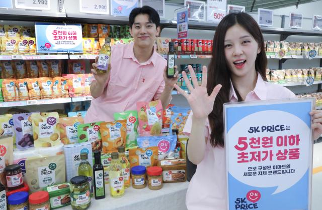 13일 오전 서울 용산구 이마트 용산점에서 모델들이 전 제품 가격이 5000원 이하인 오케이 프라이스5K PRICE 상품을 소개하고 있다 사진이마트