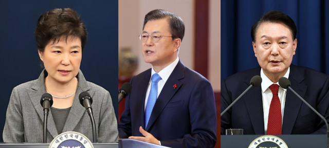박근혜 전 대통령왼쪽 문재인 전 대통령가운데 윤석열 전 대통령오른쪽 사진연합뉴스