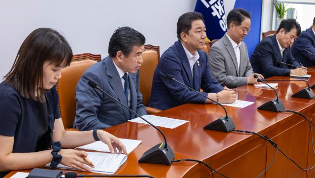 제임스 김 주한 미국상공회의소암참 회장이 19일 국회에서 더불어민주당 김병기 원내대표를 만나 인사말을 하고 있다 사진연합뉴스