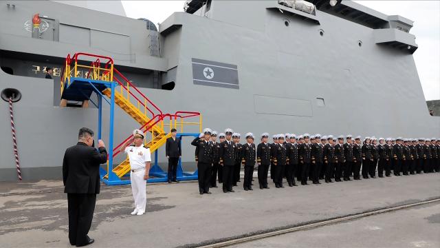 North Korean leader Kim Jong-un visited a shipyard in Nampho to inspect a new 5000-ton destroyer Choe Hyun KCNA Yonhap