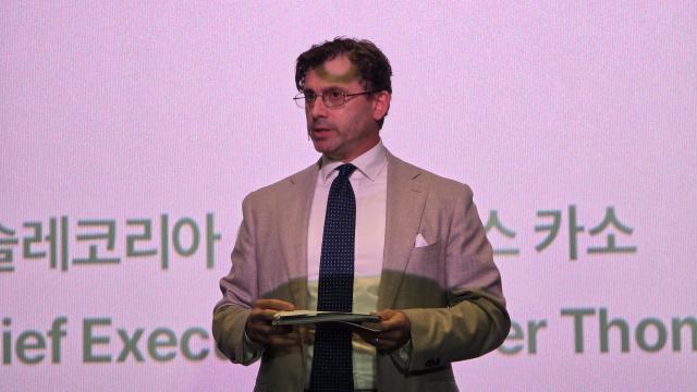 토마스 카소 네슬레코리아 대표가 21일 영등포 타임스퀘어에서 열린 '네스카페 돌체구스토 네오' 출시 기념 기자간담회에서 발언하고 있다. [사진=김현아 기자]
