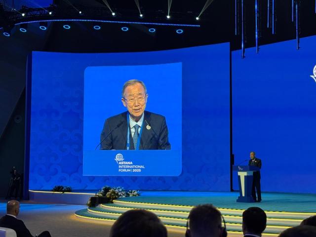 Former United Nations Secretary-General Ban Ki-moon delivers a speech at the Astana International Forum AIF in Kazakhstan on May 29 2025 AJP Im Yoon-seo
