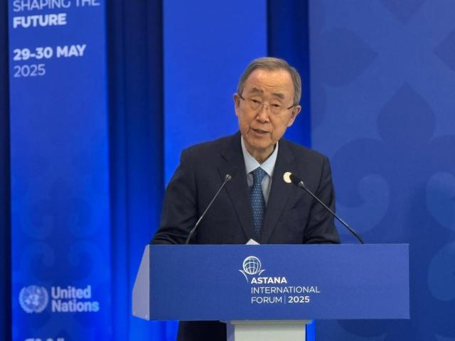 Former United Nations Secretary-General Ban Ki-moon delivers a speech at the Astana International Forum AIF in Kazakhstan on May 29 2025 AJP Im Yoon-seo