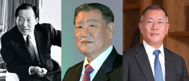 왼쪽부터 고 정주영 창업 회장 정몽구 명예회장 정의선 회장 사진현대자동차
