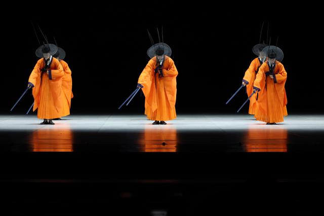 Dancers perform during a media showcase of the Korean traditional dance performance “One Dance” at the Sejong Center for the Performing Arts in central Seoul on August 21 2025 AJP Han Jun-gu