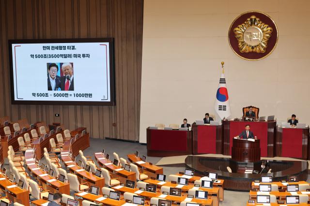 김형동 국민의힘 의원이 23일 서울 여의도 국회 본회의에서 노란봉투법노동조합 및 노동관계조정법 일부개정법률안에 대한 무제한 토론을 하고 있다 사진연합뉴스