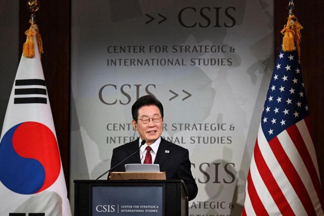 President Lee Jae Myung delivers remarks at the Center for Strategic and International Studies CSIS in Washington DC on Aug 25 2025 Reuters-Yonhap