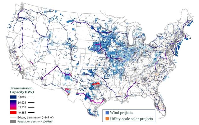 This file image shows the outlook for US energy infrastructure in 2050 under the Net-Zero America project Princeton University’s study shows that achieving net-zero will require building 32 terawatts of wind and solar power capacity nationwide and tripling transmission grid capacity by 2050