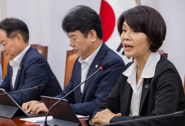 한정애 더불어민주당 정책위의장이 28일 국회에서 열린 정책조정회의에서 발언하고 있다 사진연합뉴스