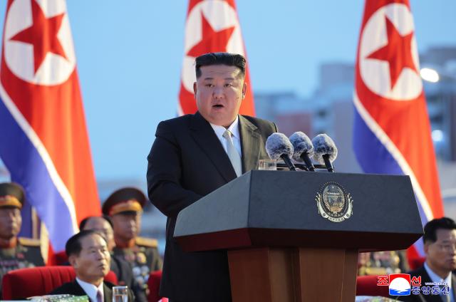 North Korean leader Kim Jong-un delivers a speech on Aug 14 2025 in this photo released by the official North Korean Central News Agency the following day Yonhap