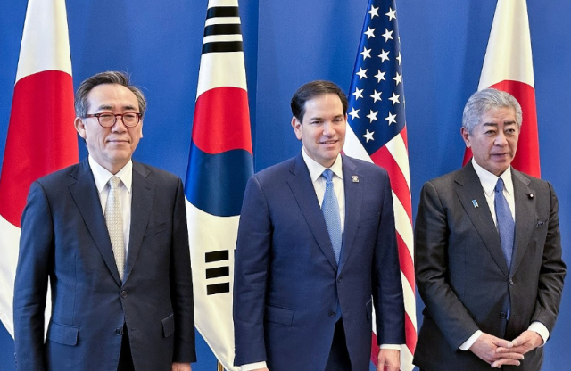 South Korea’s former Foreign Minister Cho Tae-yul far left US Secretary of State Marco Rubio and Japan’s Foreign Minister Takeshi Iwaya pose for a photo at NATO headquarters in Brussels Belgium on April 3 2025