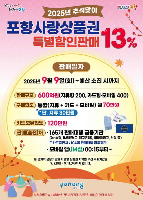 ‘포항사랑상품권 특별 할인 판매 13’ 홍보 포스터 사진포항시