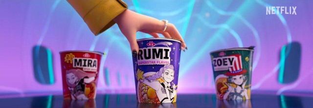 Captured footage of Netflix animation KPop Demon Hunters showing cup noodles with similar logos of Nongshim Courtesy of Netflix