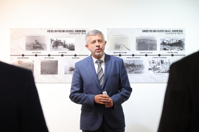 Russian Ambassador to South Korea Georgy Zinoviev delivers welcoming remarks at the opening of the exhibition 80th Anniversary of the End of World War II Remembering the Liberation of the Korean Peninsula at Gallery Kartina in Seoul on September 3 2025 AJP Han Jun-gu