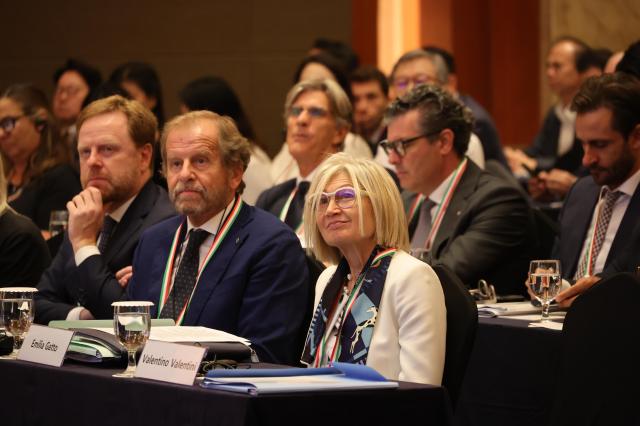 Italian Ambassador to South Korea Emilia Gatto center-left and Massimo Ferro a board member of the Italian Trade Agency attend the Korea-Italy Business Forum at the Lotte Hotel in Seoul on Sept 5 2025 AJP Han Jun-gu