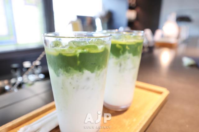 Matcha latte served at Osulloc Tea House in Bukchon Seoul Sept 5 2025 AJP Han Jun-gu