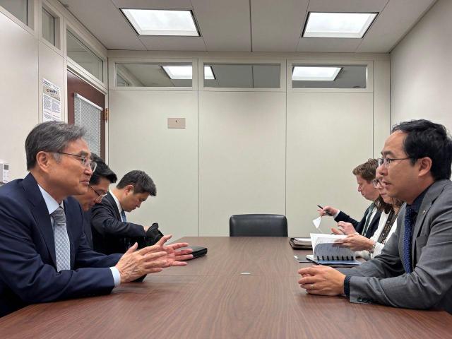 South Korean Foreign Minister Cho Hyun meets with US Senator Andy Kim during his visit to Washington in this photo released by the Foreign Ministry on Sept 12 Yonhap