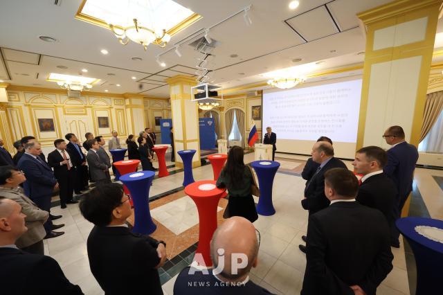 Russian Ambassador Georgy Zinoviev delivers his welcome speech at the 80th anniversary reception of the end of World War II at the Russian Embassy in Seoul on September 12 AJP Han Jun-gu