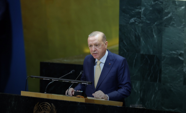 President Recep Tayyip Erdoğan delivers a speech at the High-level International Conference for the Peaceful Settlement of the Question of Palestine and the Implementation of the Two-State Solution in New York on September 23 Courtesy of Türkiyes Directorate of Communications