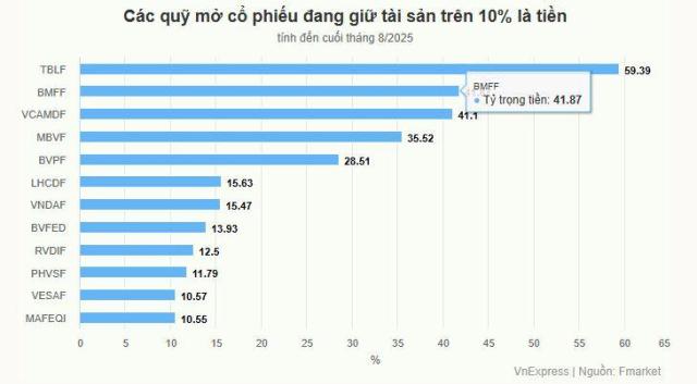 8월 말 기준 자산 중 현금 비중이 10 이상인 베트남 공모 주식형 펀드들의 현황 사진VNexpress 자료 갈무리