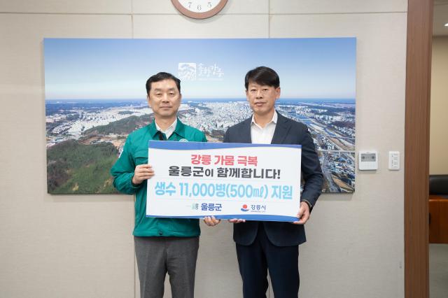 임장혁 울릉군 기획감사실장오른쪽이 김상영 강릉시 부시장에게 울릉도의 청정 먹는 샘물 ‘울림수’를 전달하고 있다사진울릉군