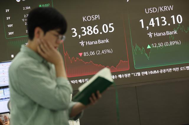 지난 26일 오후 서울 중구 하나은행 딜링룸 현황판에 코스피지수와 원달러 환율이 표시돼 있다 사진연합뉴스