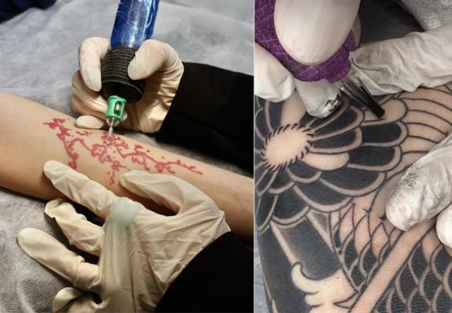 Right A client receives a plum blossom tattoo from Korean tattooist Seolhee in her studio in Seoul on Sept 26 2025 AJP Han Jun-gu  Graphics by AJP Song Ji-yoon
Left A client receives a tattoo from Korean tattooist Zero in his studio in Gyeonggi Province on Sept 23 2025 Courtesy of dusseldorftattoo_zero
