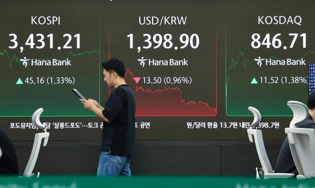 The KOSPI index is shown on an electronic board at the Hana Banks dealing room in Seoul after the market closed on Sept 29 2025 Yonhap