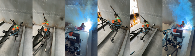 This image shows the DIDEN 30 robot during a test on shipyard steel reinforcements and welding tasks Courtesy of KAIST