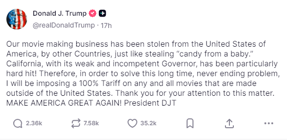 This screenshot image was captured from US President Donald Trumps Truth Social page 