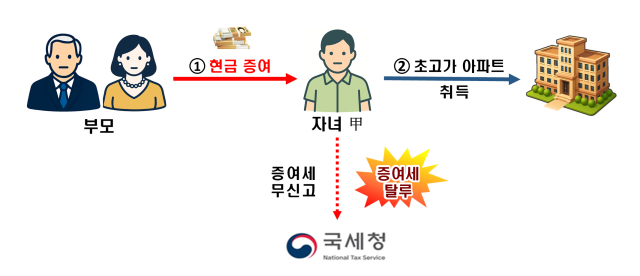 부모로부터 부족한 자금을 증여받아 초고가 아파트를 취득하면서 증여세를 탈루한 사례 개요자료국세청