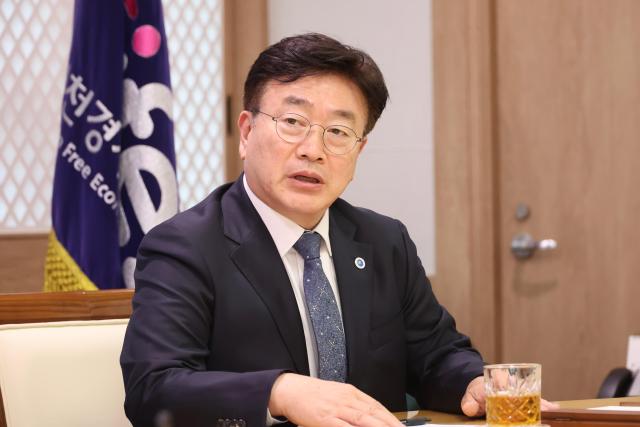 IFEZ Commissioner Yun Won-sok speaks during an interview at his office in Songdo International City Incheon Sep 25 2025 AJP Han Jun-gu