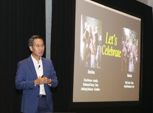 Lee Dong-hoon, CEO of SK Biopharm, presents strategies at the 2025 Plan of Action meeting in Chicago.