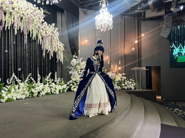 A model wearing a traditional Kazakh costume walks the runway during the Central Asia–Korea Friendship Day fashion show in Seoul Courtesy of the Embassy of Kazakhstan in the Republic of Korea