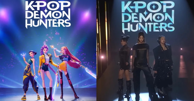 This file photo shows the official image of the original animated version of K-pop Demon Hunters left and a screenshot of the live-action version performed by Huntrix on the US comedy show SNL on Oct 6