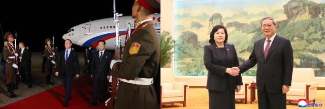 Left image Deputy Chairman of the Russian Security Council and leader of the United Russia political party Dmitry Medvedev L is welcomed by North Korean Vice Foreign Minister Im Chon Il R upon arrival at the Pyongyang International Airport in Pyongyang North Korea 08 October 2025 EPAYONHAP Right Image North Korean Foreign Minister Choe Son-Hui left shakes hands with Chinese Premier Li Qiang during their meeting at the Mansudae Assembly all in Pyongyang on Sept 29 2025 KCNAYONHAP