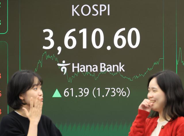 Employees smile in front of stock price and exchange rate displays at Hana Bank headquarters in Seoul on Oct 10 2025 The KOSPI closed at 361060 up 6139 points 173 percent from the previous session Yonhap
