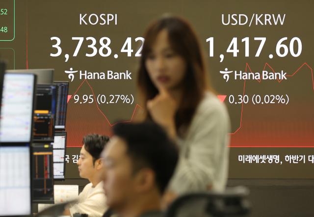 17日午前、ソウル中区ハナ銀行本店のディーリングルームの現況板に、前場より下落したコスピ指数が表示されている 写真連合ニュース