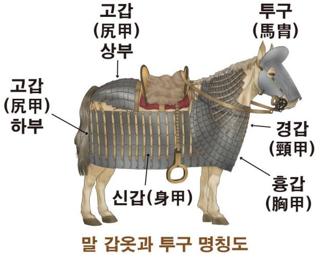 신라 시대 중장기병이 착용한 말 갑옷마갑 구조를 보여주는 복원도 사진경주시